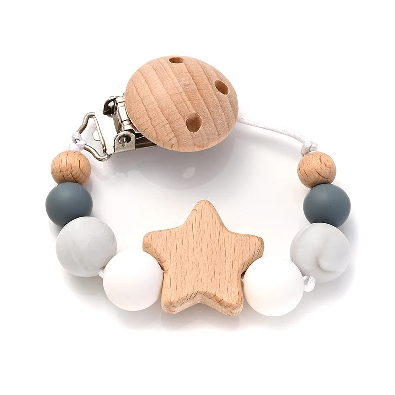 Baby Pacifier Chain Clips Wood Pentagram Teether Silicone Round Beads Teething Chain For Baby Care Soother Chew Toys Shower Gift Purest Peak