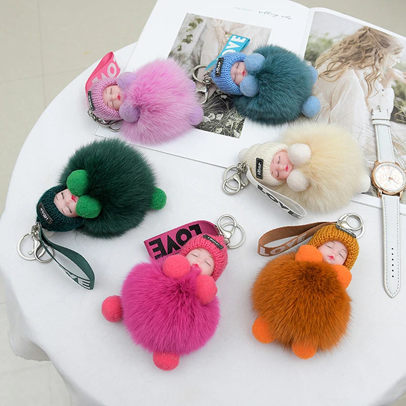 Pompom Sleeping Baby Keychain Cute Fluffy Plush Doll Keyholder Women Girl Bags Keyrings Cars Key Ring Gift Charming Decoration Quick Pick Grocers