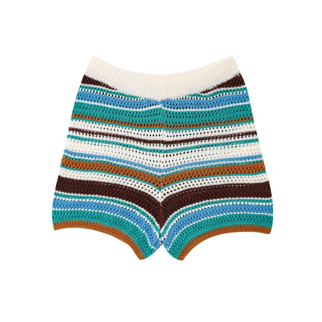 Women Patchwork Striped Hollow Out Crochet Knitted Crop Sweater Shorts Set Short Sleeve Polo Collar Sweater Knit Shorts Suit Y2K Quick Pick Grocers