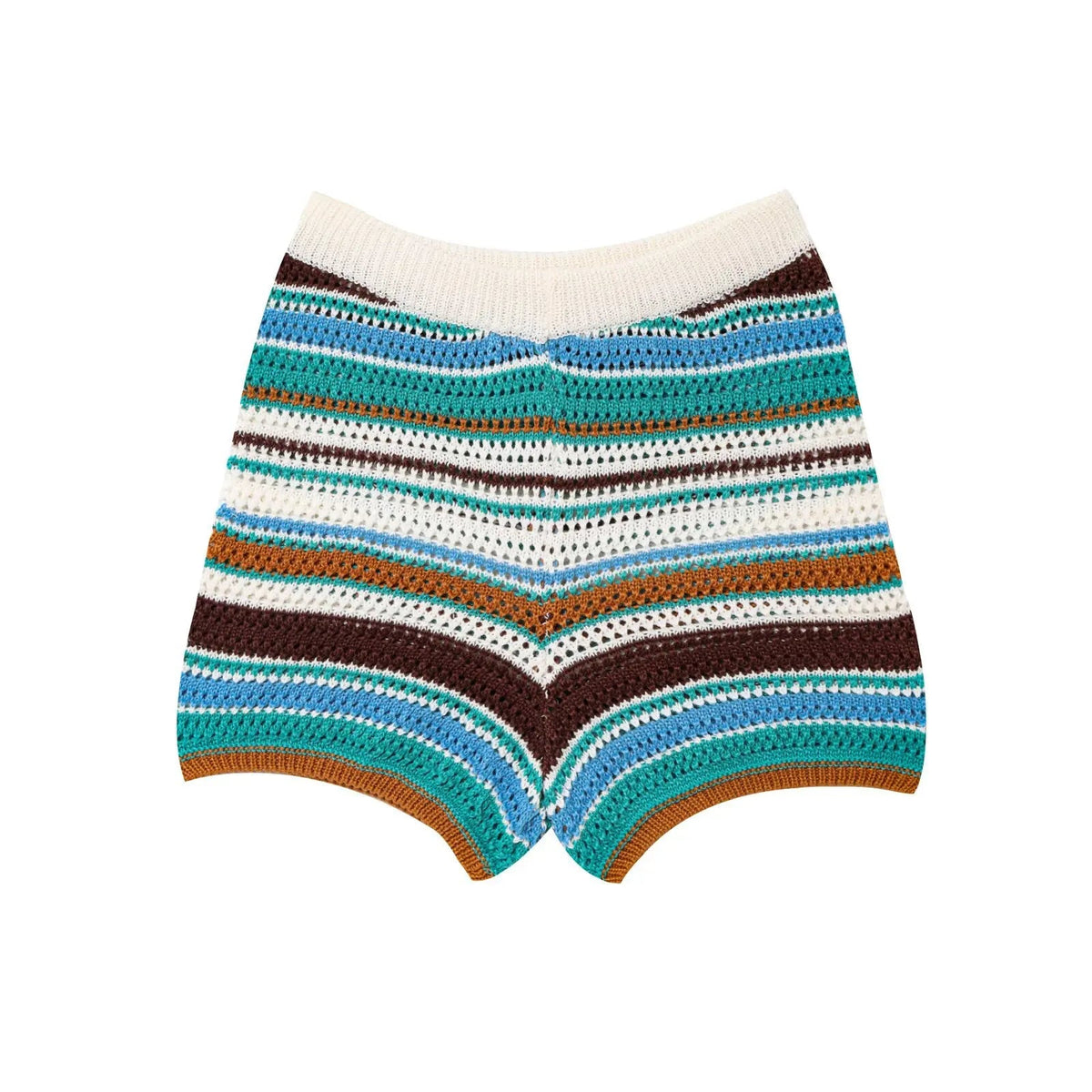 Women Patchwork Striped Hollow Out Crochet Knitted Crop Sweater Shorts Set Short Sleeve Polo Collar Sweater Knit Shorts Suit Y2K Quick Pick Grocers