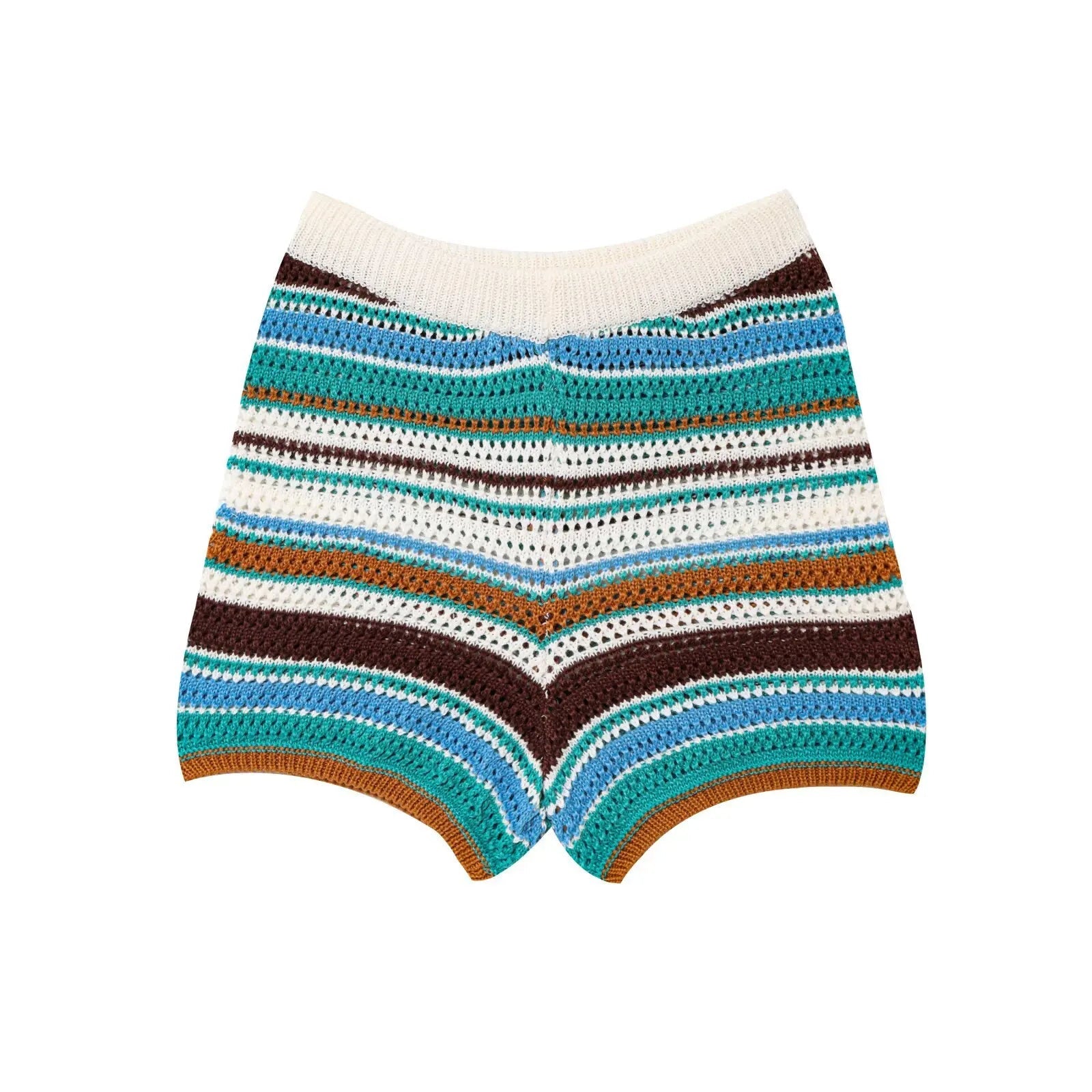 Women Patchwork Striped Hollow Out Crochet Knitted Crop Sweater Shorts Set Short Sleeve Polo Collar Sweater Knit Shorts Suit Y2K Quick Pick Grocers