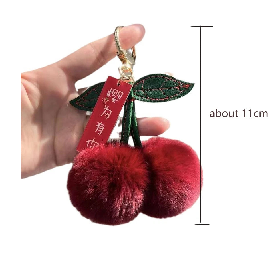 ZAKOL New Cute Fluffy Rex Rabbit Fur Ball Pompom Leaf Keychain Cherry Key Chain Handbag Car Key Chain Ring Gift Quick Pick Grocers