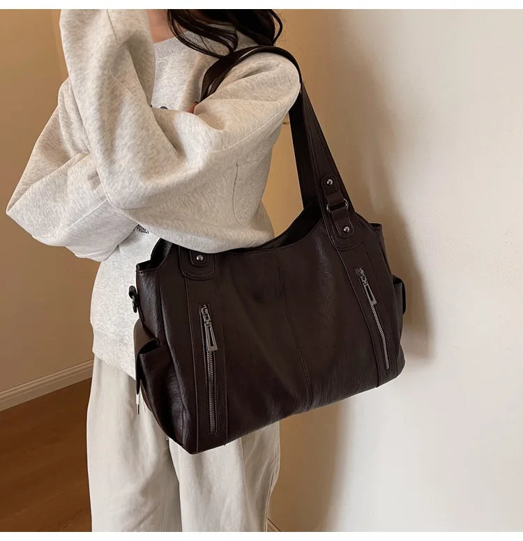 Soft Interior Compartment Shoulder Bags 2026 High Quality Contrasting Colors Bags for Women Fashion Zipper Pu Women's Handbags Quick Pick Grocers