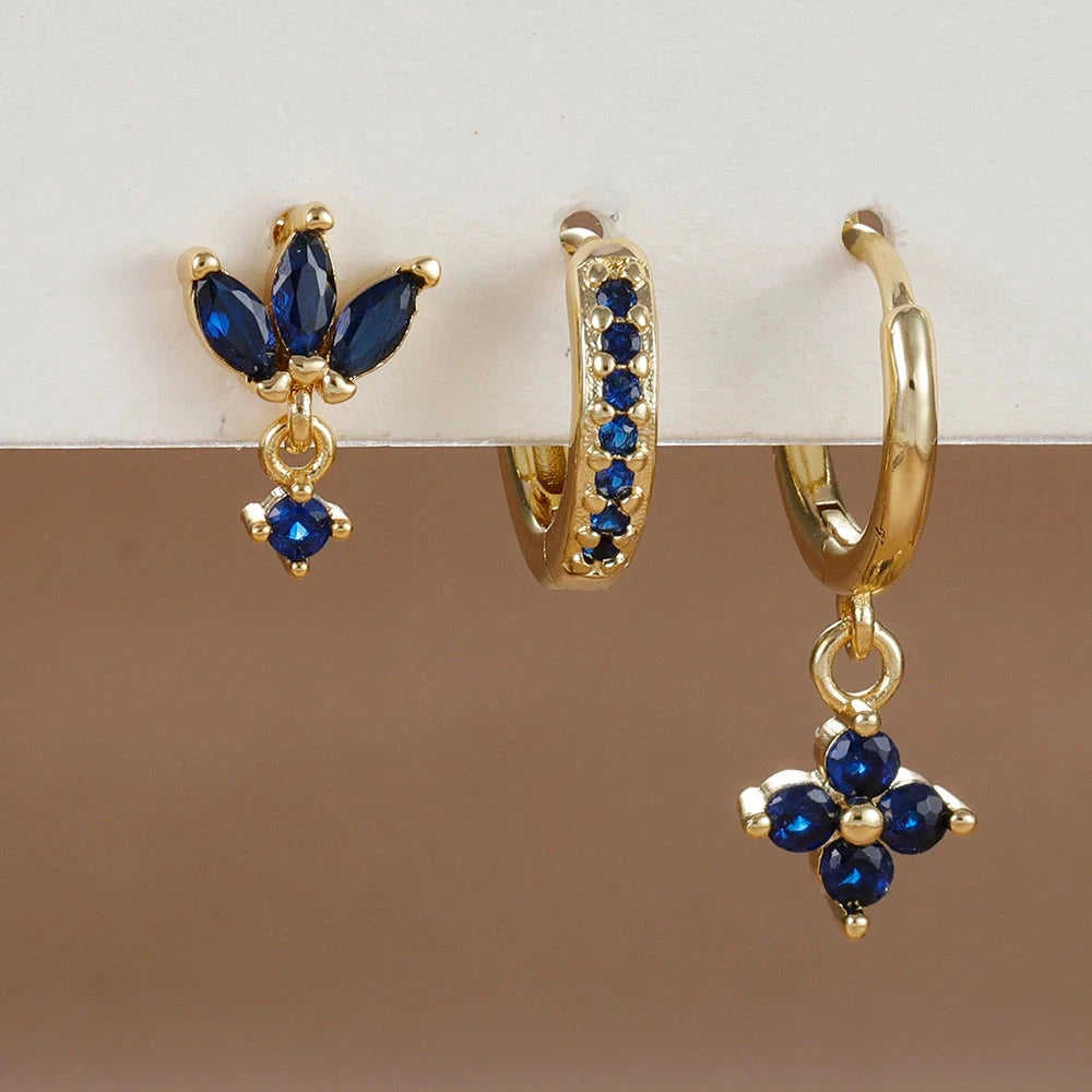 3PCS Fashion Orange Blue Zircon Hanging Earrings Set for Women Stainless Steel Flower Dangle Earring Piercing Jewelry Econic Blanks