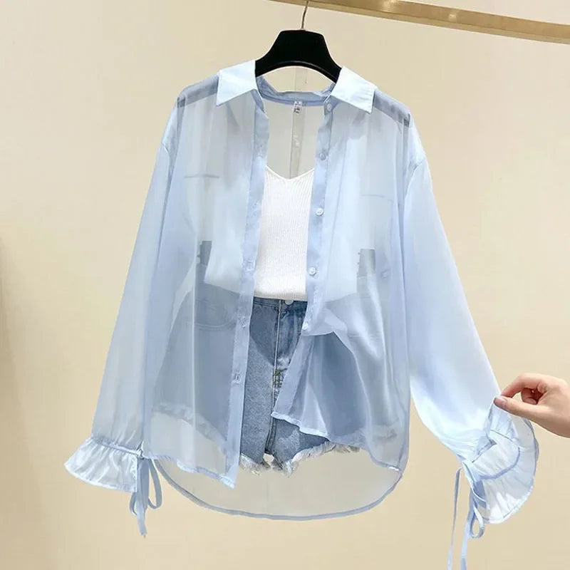 Smvp Chiffon Blouses for Women Summer Thin Loose Button-Up Sunscreen Shirt Woman Korean Fashion Bow Lace-up Long Sleeve Shirts Quick Pick Grocers
