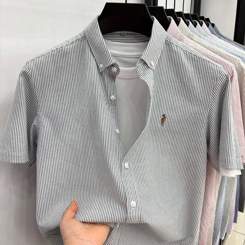 High End Brand Embroidered Striped Shirt Men's Short Sleeved Lapel Business Breathable Shirt Summer New Pure Cotton Jacket Quick Pick Grocers