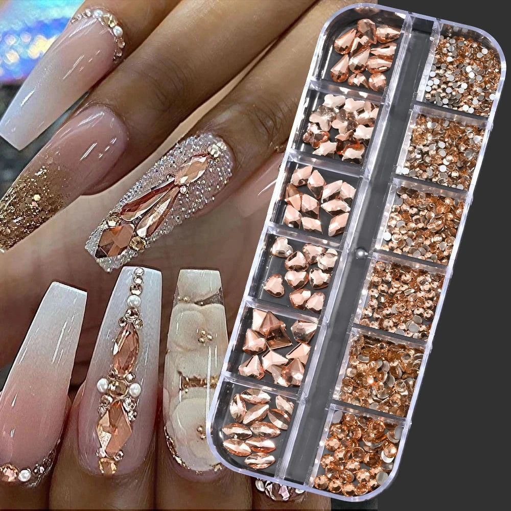 12Grids SS6-SS30 Mixed Nail Rhinestones Shiny Clear/Gold/Pink/Blue Diamond Flat-back Nail Gems Glass Stones Nails Decoration Econic Blanks