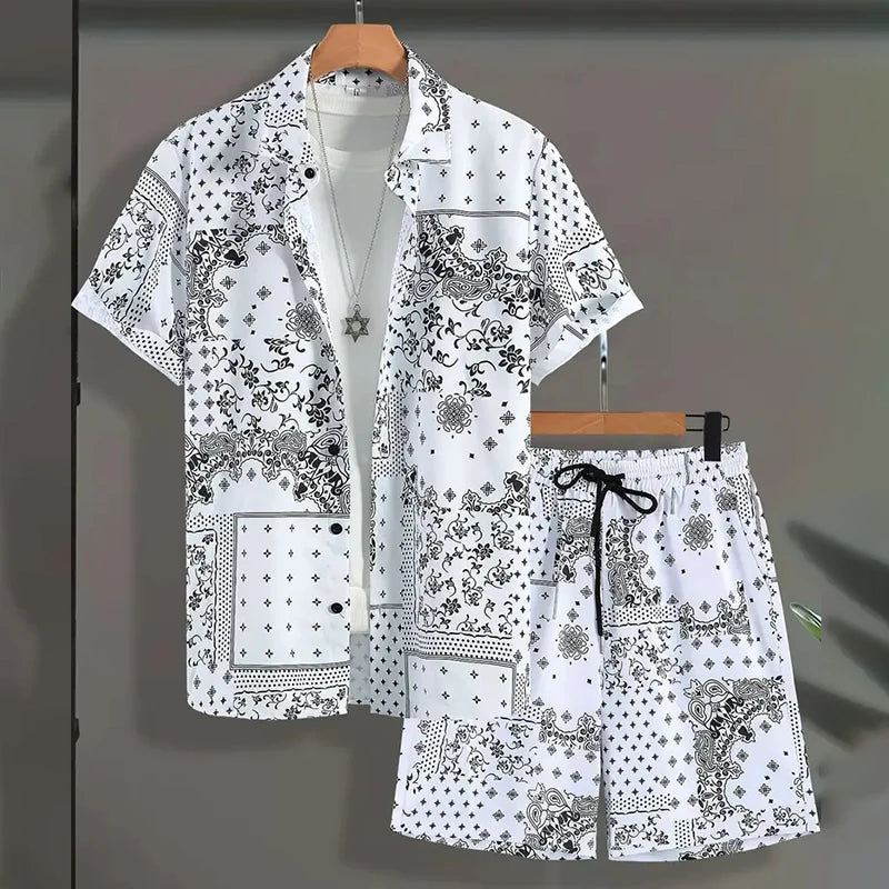 2024 New Men's Summer Holiday Suit Retro Textured Printed Border Shirt Short Sleeve Shorts Two Piece Men's Breathable Pool Suit Quick Pick Grocers