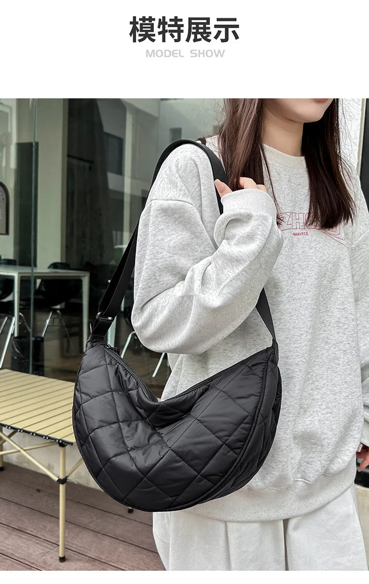 Waist Half Moon Belt Bag Solid Color Crossbody Bag Large Capacity Shoulder Bags Portable Nylon Plaid Travel Bags for Commuting Quick Pick Grocers