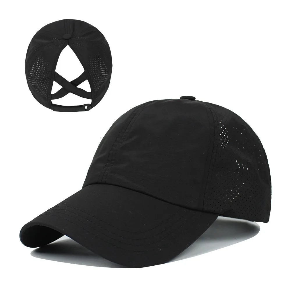 Summer Solid Color Baseball Cap Women's Athleisure Cross Ponytail Hat Mesh Quick-Drying Cap Visor Hat Quick Pick Grocers