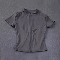 Summer High Quality Waist Slimming Training Tops Women's Quick-drying Tight Stand Collar Full Zipper Short Sleeves Yoga shirts Quick Pick Grocers