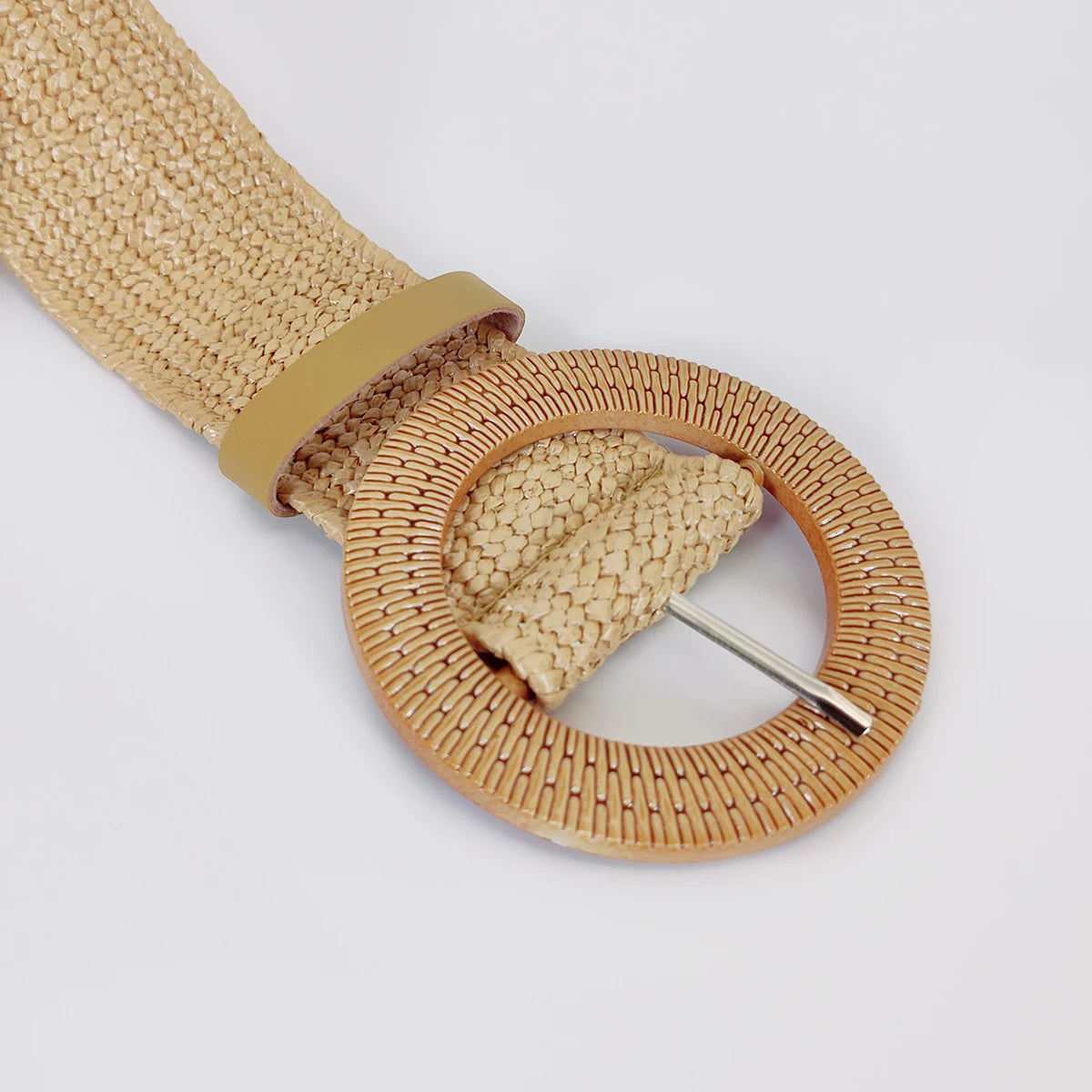 1pc Women Round Buckle Boho Straw Belt For Beach Ellipse Buckle Bead Decor Bohemian Woven Belt For Holiday Quick Pick Grocers