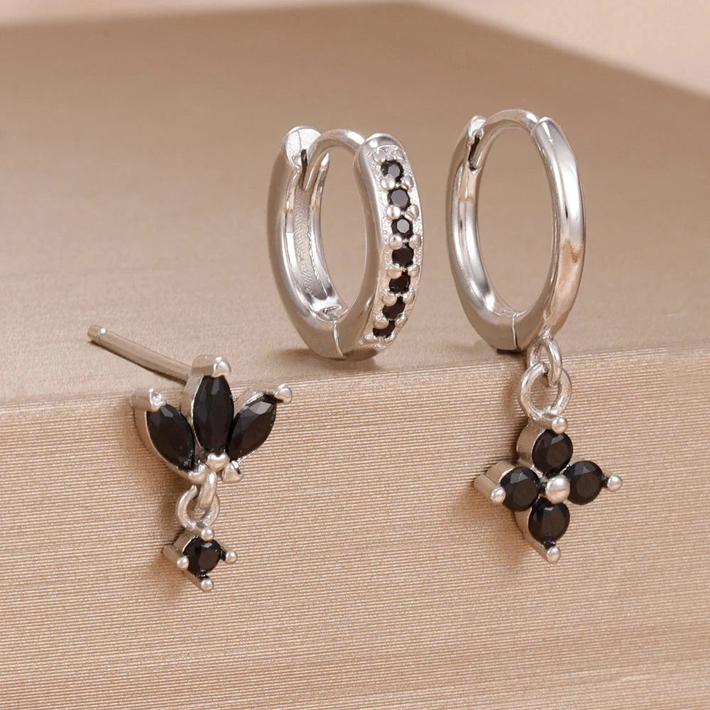 3PCS Fashion Orange Blue Zircon Hanging Earrings Set for Women Stainless Steel Flower Dangle Earring Piercing Jewelry Econic Blanks