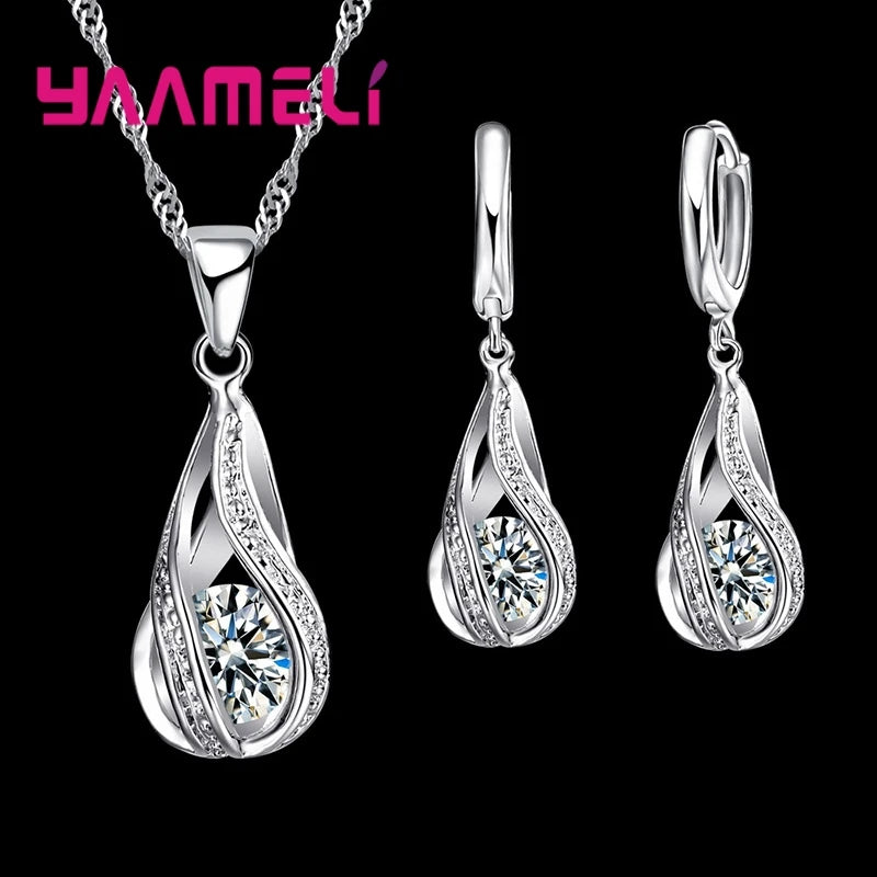 Hot Water Drop CZ 925 Sterling Silver Plated Jewelry Set For Women Pendant Necklace Hoop Earrings Wedding Party Ceremoey Anel Quick Pick Grocers