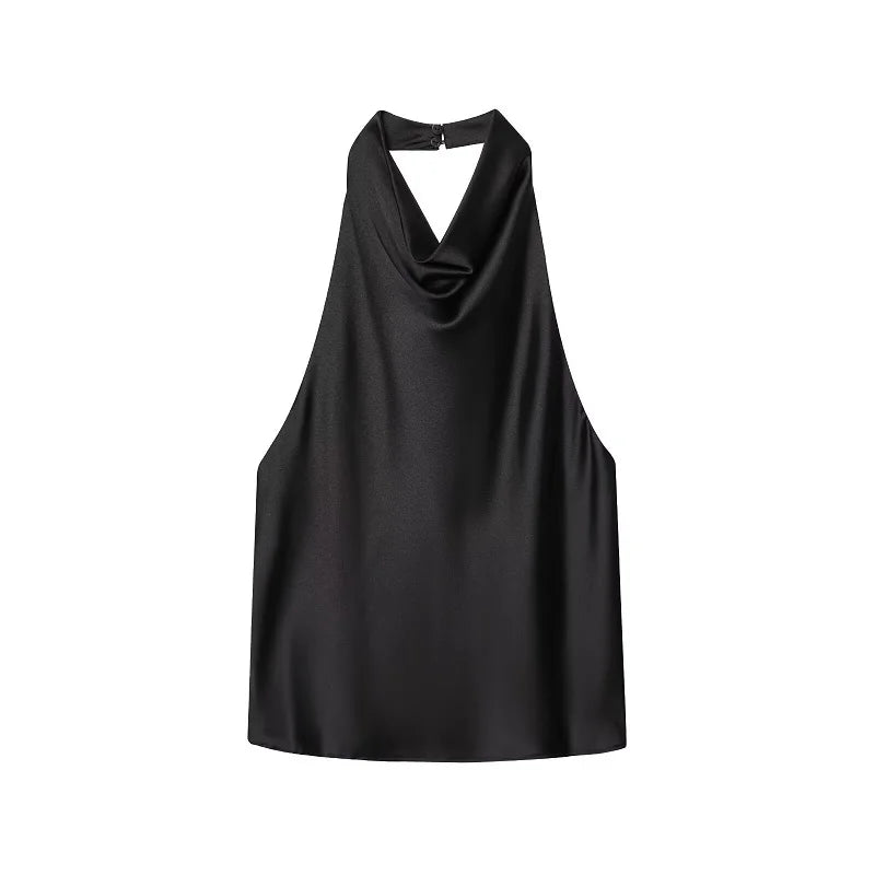MUJER 2026 Halter Tops for Women Black Satin Backless Top Female Pink Summer Beach Top Woman off Shoulder Camisole Top Women Quick Pick Grocers