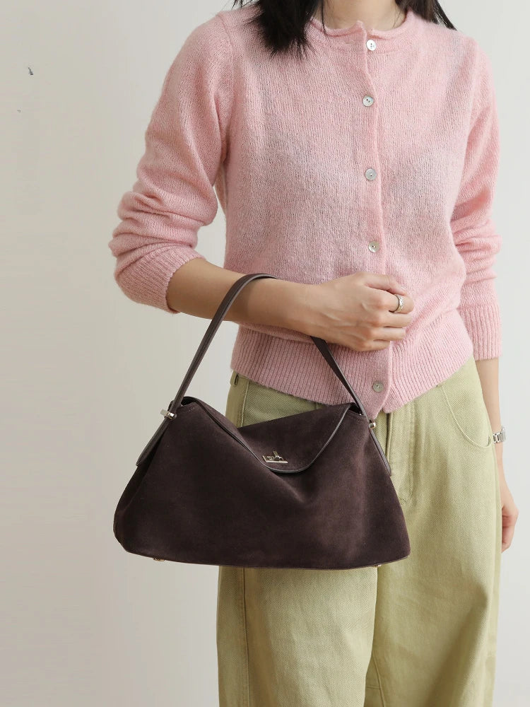 2026 Autumn Winter All-match Bowling Tote All-match Matte Suede Cowhide Leather Women Shoulder Bag Coffee Purple Noble Handbag Quick Pick Grocers