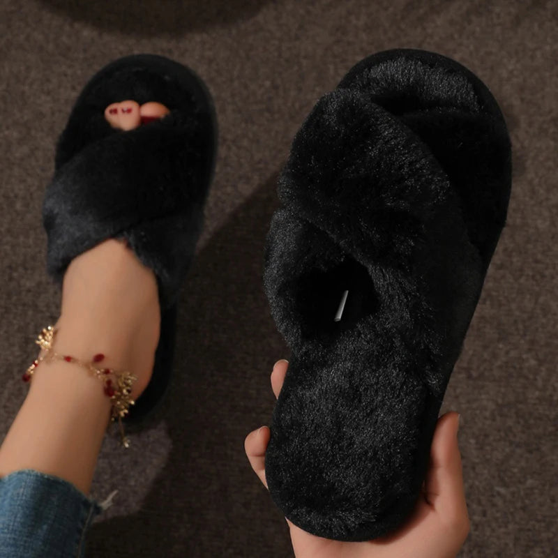Cross Warm Fluffy Furry Slippers Women Lightweight Flat Heels Fur Slides Woman Autumn Winter Open Toe Non Slip Home Floor Shoes Purest Peak