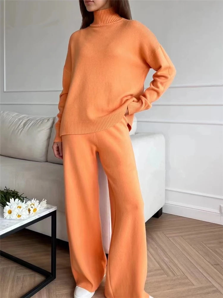Autumn Winter 2 Pieces Women Sets Knitted Tracksuit Turtleneck Sweater and Straight Jogging Pants Suits Quick Pick Grocers