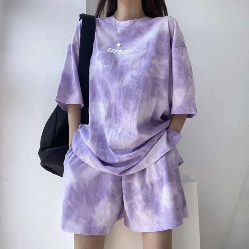 Women T-Shirt Shorts Suit Set Casual Tie Dye Loose tshirt and wide leg middle shorts with pockets female Soft Summer Shorts Sets Quick Pick Grocers