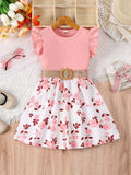 Girl's casual romantic floral print with ruffled edges and small flying sleeves, waist cinching dress (including belt), summer Quick Pick Grocers