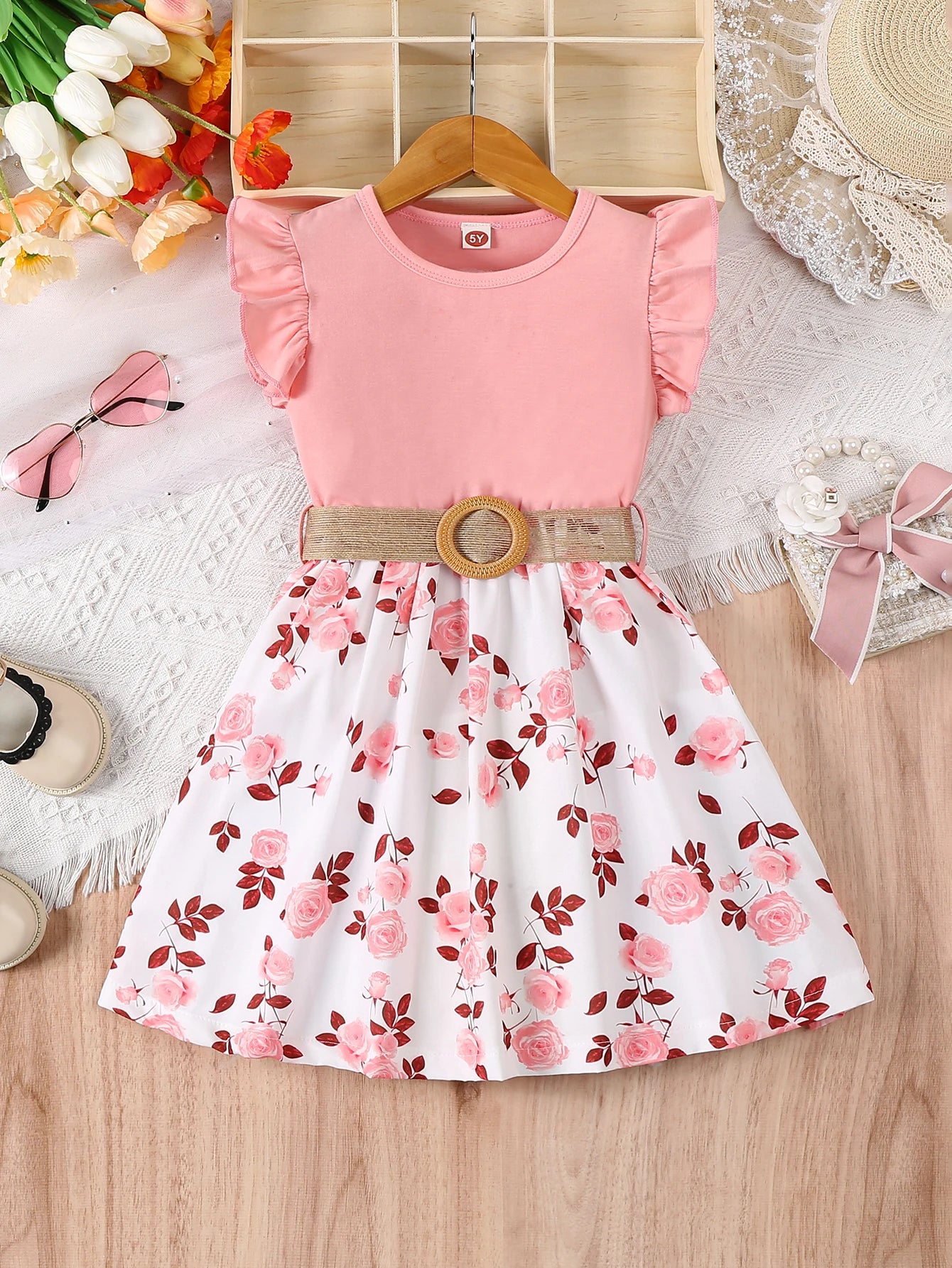 Girl's casual romantic floral print with ruffled edges and small flying sleeves, waist cinching dress (including belt), summer Quick Pick Grocers