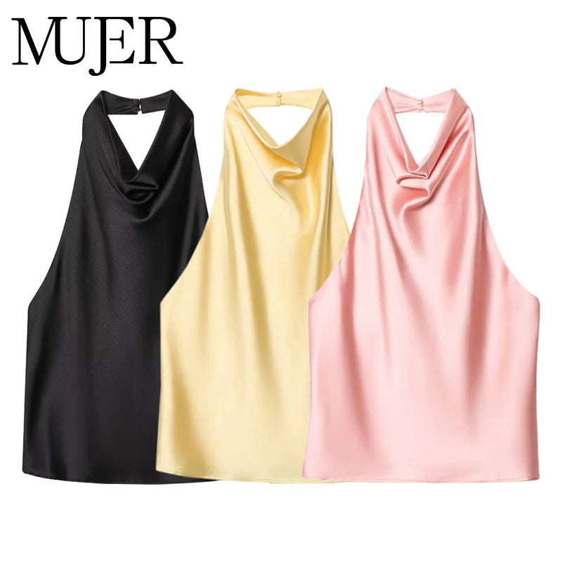 MUJER 2026 Halter Tops for Women Black Satin Backless Top Female Pink Summer Beach Top Woman off Shoulder Camisole Top Women Quick Pick Grocers