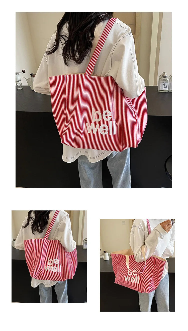 Casual Large Stripe Women's Shoulder Bag 2025 New Fashion Commuter Tote Bag High Capaci Canvas Handbag for Youth bolso mujer Quick Pick Grocers