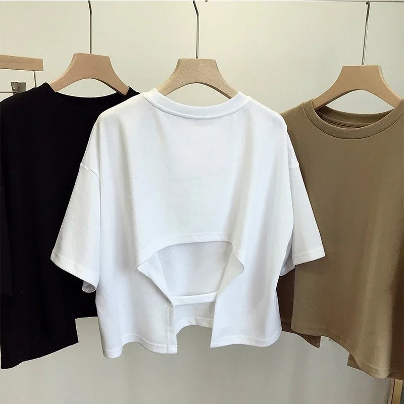Summer New Ladies Casual Backless T-Shirt 2023 Korean Women Round Neck Loose Sweet Spicy Wind Short-Sleeved Crop Tops Quick Pick Grocers