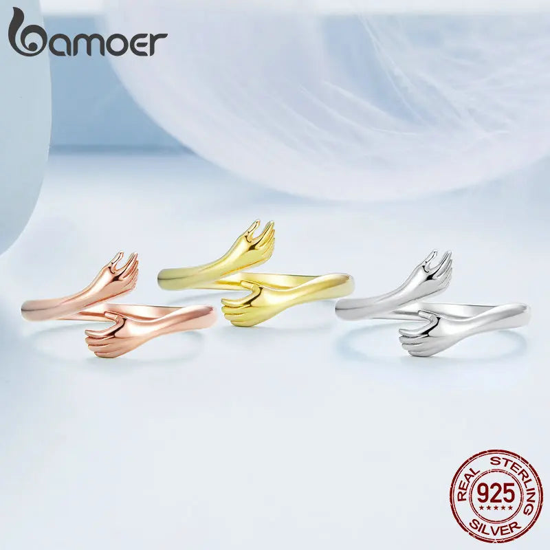 BAMOER 925 Sterling Silver Hug Open Ring Warm Love Hand Adjustable Glossy Ring for Women, His Big Loving Family Party Gift Quick Pick Grocers