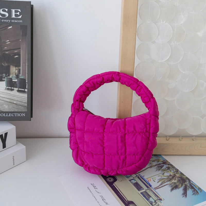 Fashion Mini Puffer Tote Bag Quilted Circle Phone Purse Elegant Purple Soft Nylon Padded Key Pouch Simple Trend Handbag Econic Blanks