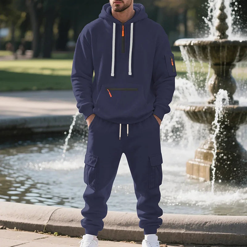Men's sports suit style autumn and winter fleece men's casual sportswear zipper sweater multi-pocket work pants suit Quick Pick Grocers