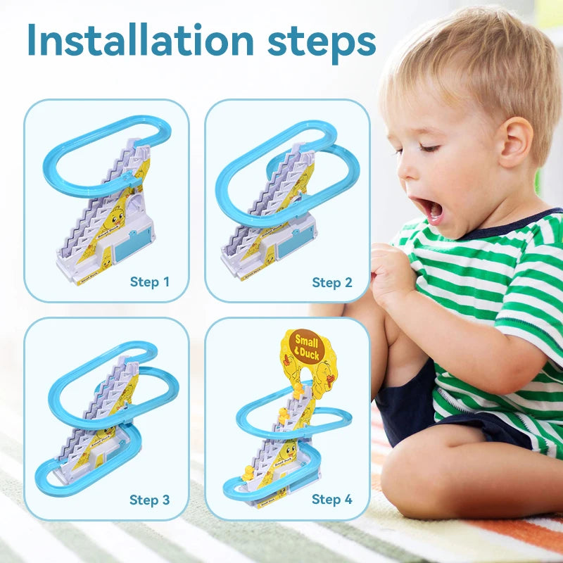 Climbing Stairs Track Toys Electric Duck DIY Rail Racing Track Roller Coaster Toys Set Light Music Educational Toy For Kids Gift Quick Pick Grocers