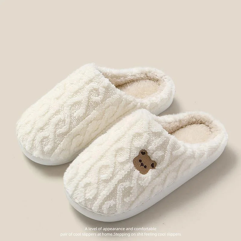 Winter Fluffy Shoes Women Cotton Slippers Cartoon Bear Thick Sole Warm Slides Men Female Couple House Indoor Plush Flat Shoes Purest Peak