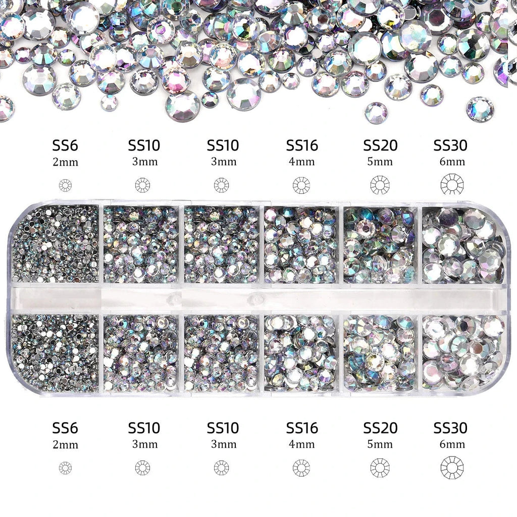 2400pcs+ Shiny Clear Crystal Gems Nail Rhinestones 1.5-4mm Mixed Round Glass Stone Flatback Nail Charms 12grids Nail Diamond DIY Econic Blanks
