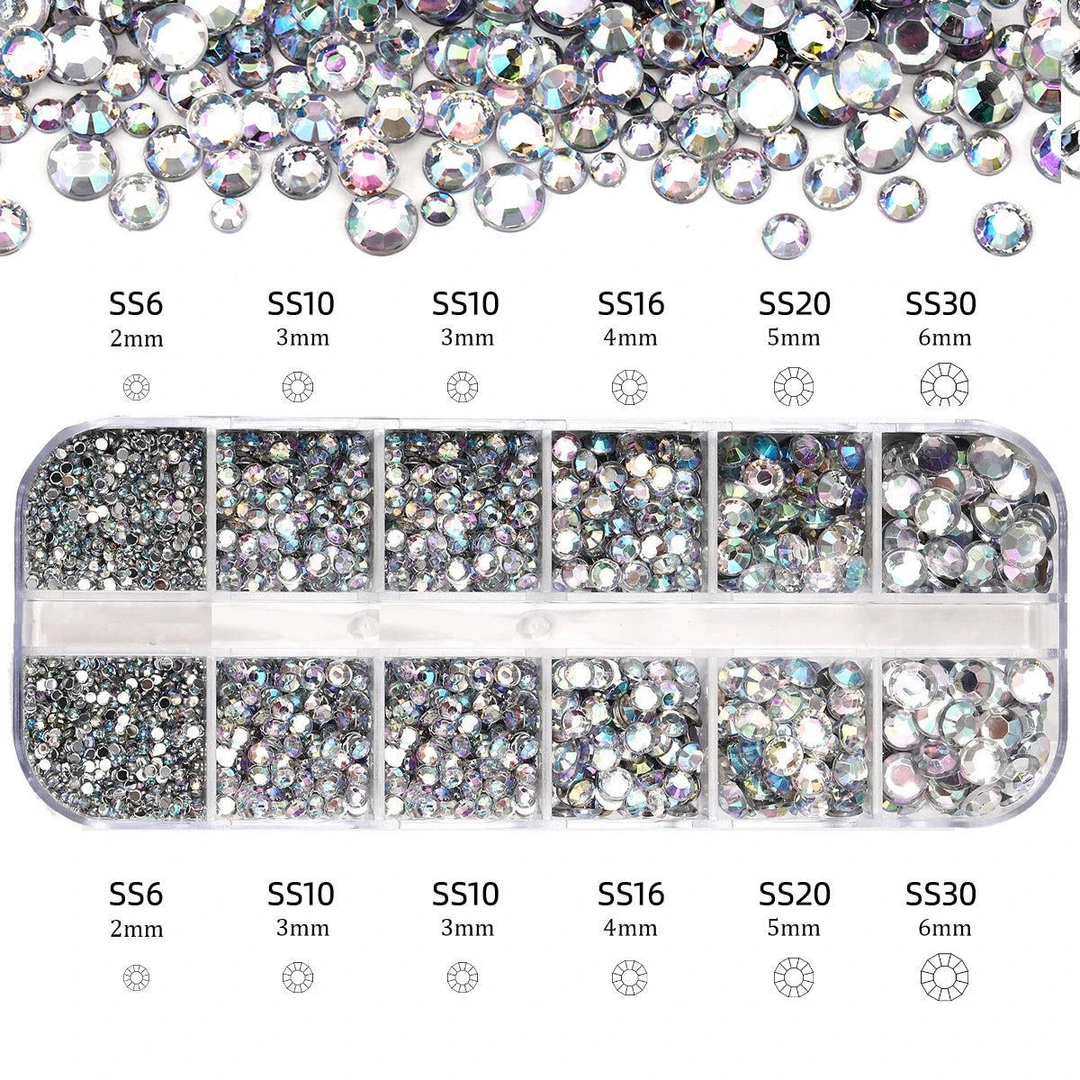 2400pcs+ Shiny Clear Crystal Gems Nail Rhinestones 1.5-4mm Mixed Round Glass Stone Flatback Nail Charms 12grids Nail Diamond DIY Econic Blanks