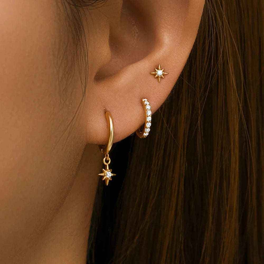 3 Piece Fashion Stainless Steel Round Star Drop Earrings Set for Women 18K Gold Plated Dangle Earring Punk Unisex Rock  Jewelry Econic Blanks