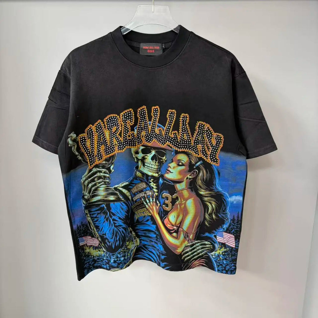 2026 New Fashion Streetwear Shinning Diamond Baggy Tshirts for Men and Women Short Sleeve Rhinestone Cotton Top Tees Oversized Quick Pick Grocers