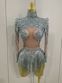 Women Sparkly Rhinestone Sequin Tassel Stretch Bodysuits 2025 New Arrival Birthday Party Nightclub Dj Stage Performance Costume Quick Pick Grocers