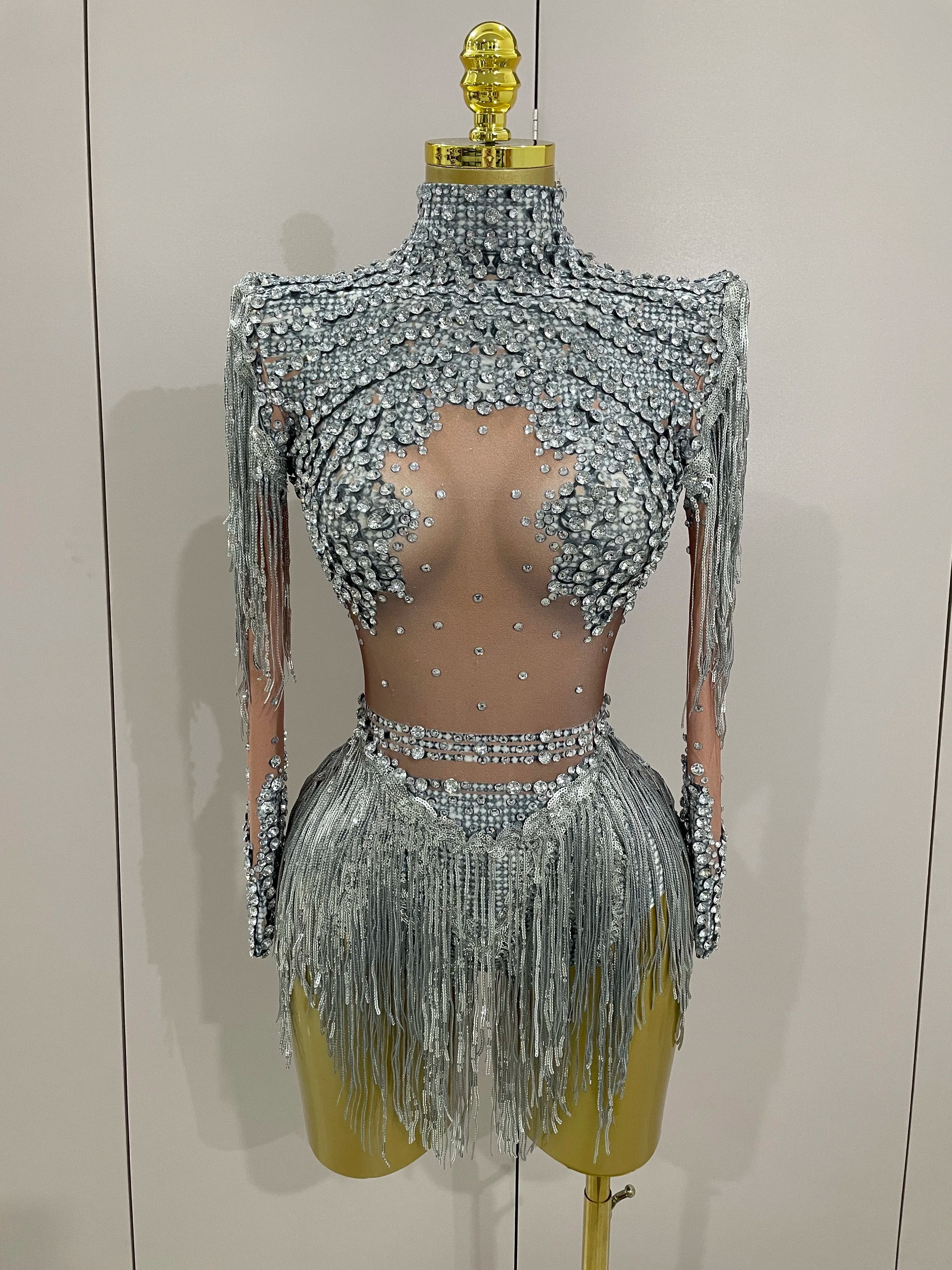 Women Sparkly Rhinestone Sequin Tassel Stretch Bodysuits 2025 New Arrival Birthday Party Nightclub Dj Stage Performance Costume Quick Pick Grocers