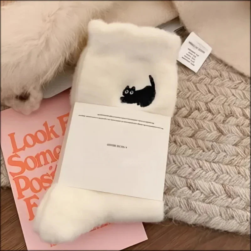 3Pairs Premium Feel Cute Cat Cozy Hairy Mink Velvet Socks Autumn Winter Hosiery Thickened Plush Warm Sleep Home Fluffy Socks Purest Peak