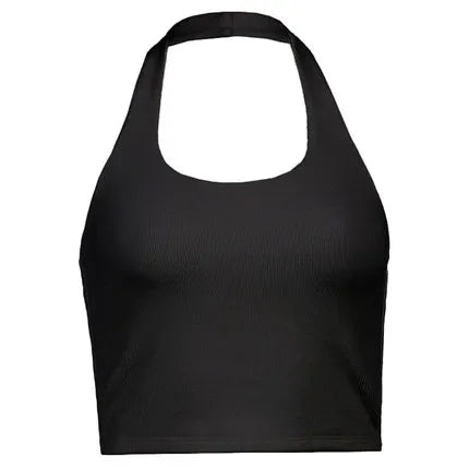 Women's Ribbed Halter Neck Crop Tank Top Sleeveless U-Neck Backless Slim Fit Solid White Knit Cami Summer Casual Basic Y2K Quick Pick Grocers