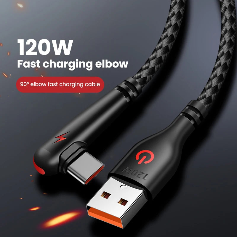 120W USB To Type-C Cable 90 Degree Elbow Mobile Phone Fast Charging For Huawei Mate 40 30 Xiaomi Samsung Phone Charging Cord Quick Pick Grocers