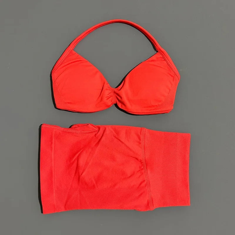 HISTELLO Gym Set 2 Piece Women Strappy Yoga Bra Top Workout Scrunch Shorts Sports Suit Fitness Clothes Seamless Yoga Set Quick Pick Grocers