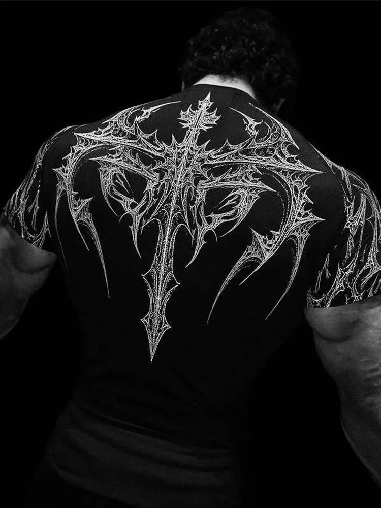 New Summer GYM T-shirt Men's Gothic Print Muscle Tee High Elasticity And Quick Drying Exercise For Bodybuilding Training T-shirt Quick Pick Grocers