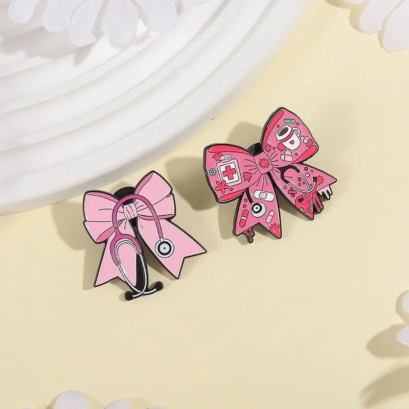 Pink Bowknot Medical Tools Stethoscope Enamel Pins Surgical Gloves Capsule Band Aid Brooches Clothes Lapel Badges Jewelry Gift Quick Pick Grocers