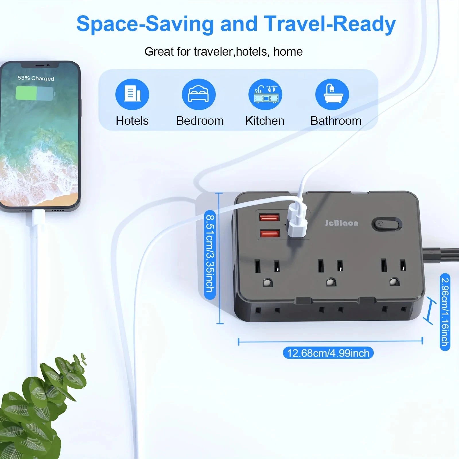 Surge Protector Ultra Thin Flat US Plug with 6 Widely Outlets 4 USB Ports,5ft Extender Cable,Power Strip Adapter for Home Office Econic Blanks