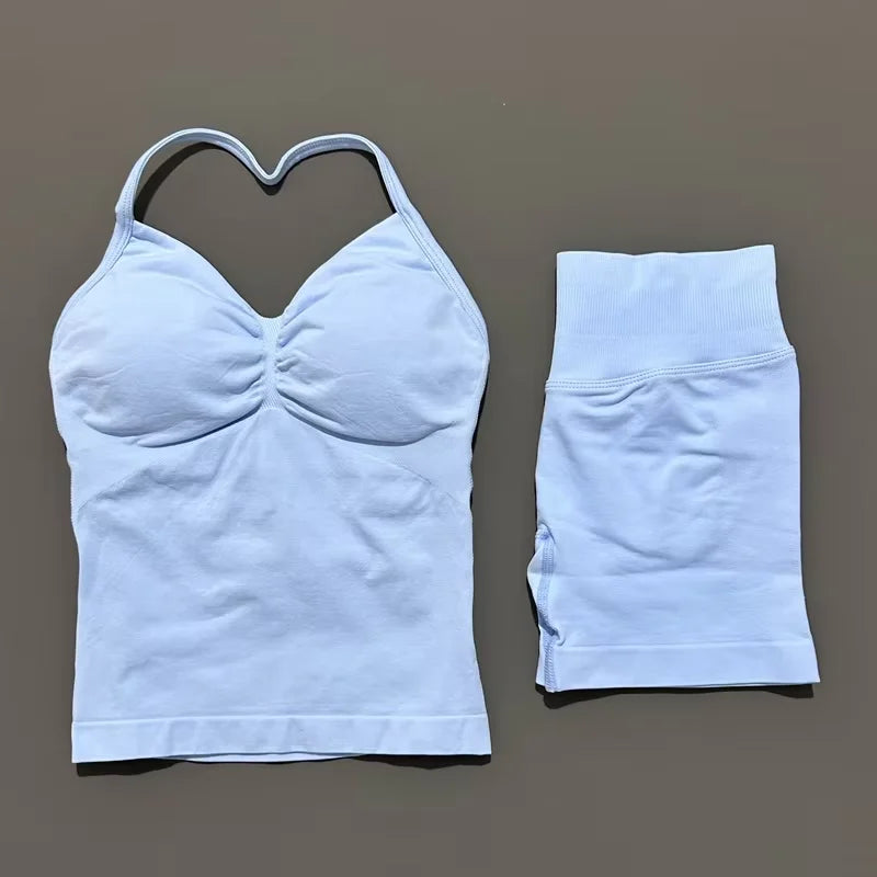 HISTELLO 2 Pieces Sports Set Women Yoga Longline Strap Top Scrunch Seamless Shorts Sport Gym Set Sportswear Workout Fitness Set Quick Pick Grocers
