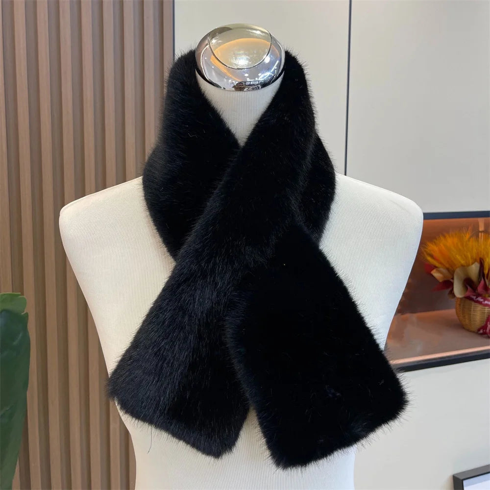 Women Winter Warm Thicken Cross Collar Scarf Solid Color Faux Rabbit Fur Cold Proof Scarves Fashion Soft Furry Neck Warmer Quick Pick Grocers