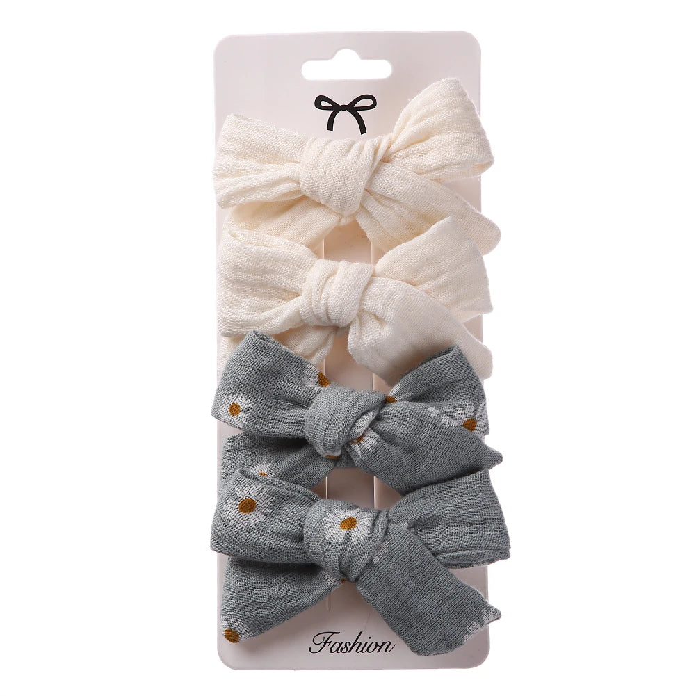 4Pcs/Set Baby Bows Hair Clips Muslin Girls Hairpins Hairclip For Kids Cotton Linen Barrette Flower Print Side Pin  Accessories Purest Peak