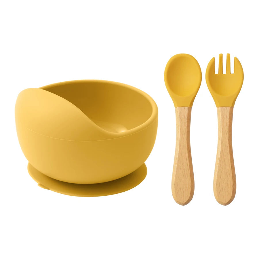 Mamaplan 3PCS Baby Silicone Feeding Set Toddler Suction Bowl Feeding Training Spoon Fork Baby Dishes Plate Baby Accessories Purest Peak